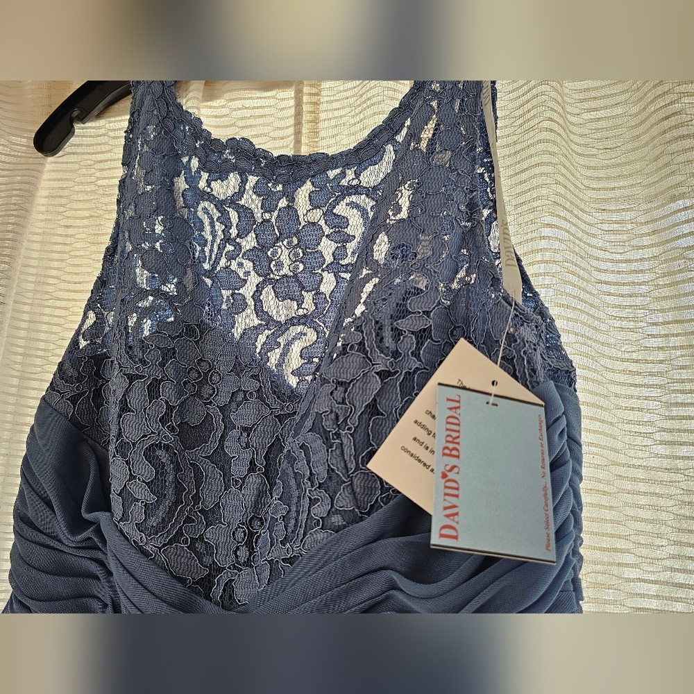 David's Bridal Slate Blue Lace Gown - Size 10